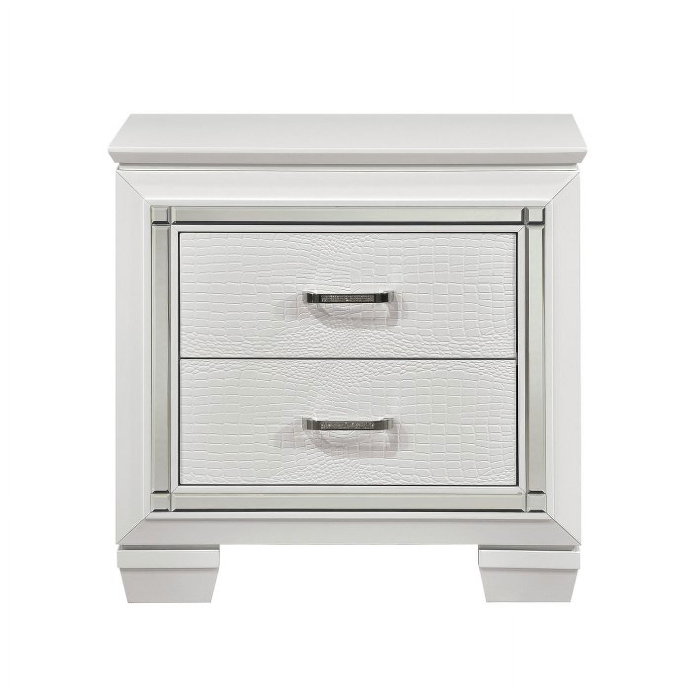 Allura Collection Glamorous White Nightstand with Beveled Mirror Accent, Alligator Embossing, and Crystal-Enhanced Hardware