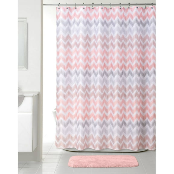 Allure Broken Chevron Coral Fabric Shower Curtain, Bath Decor