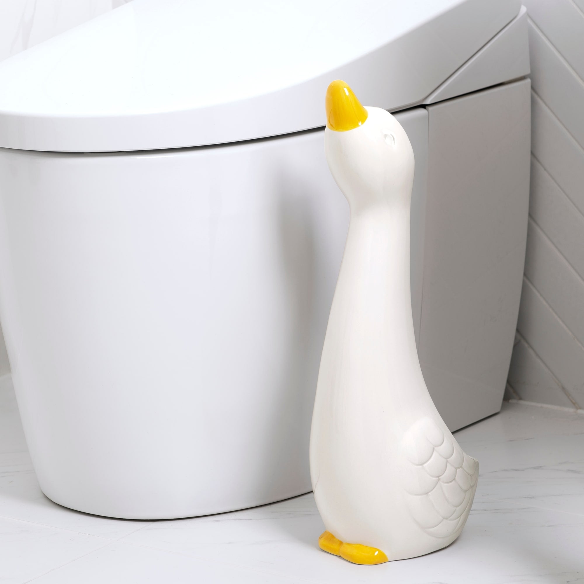 Whimsical White and Yellow Ceramic Duck Toilet Brush Holder