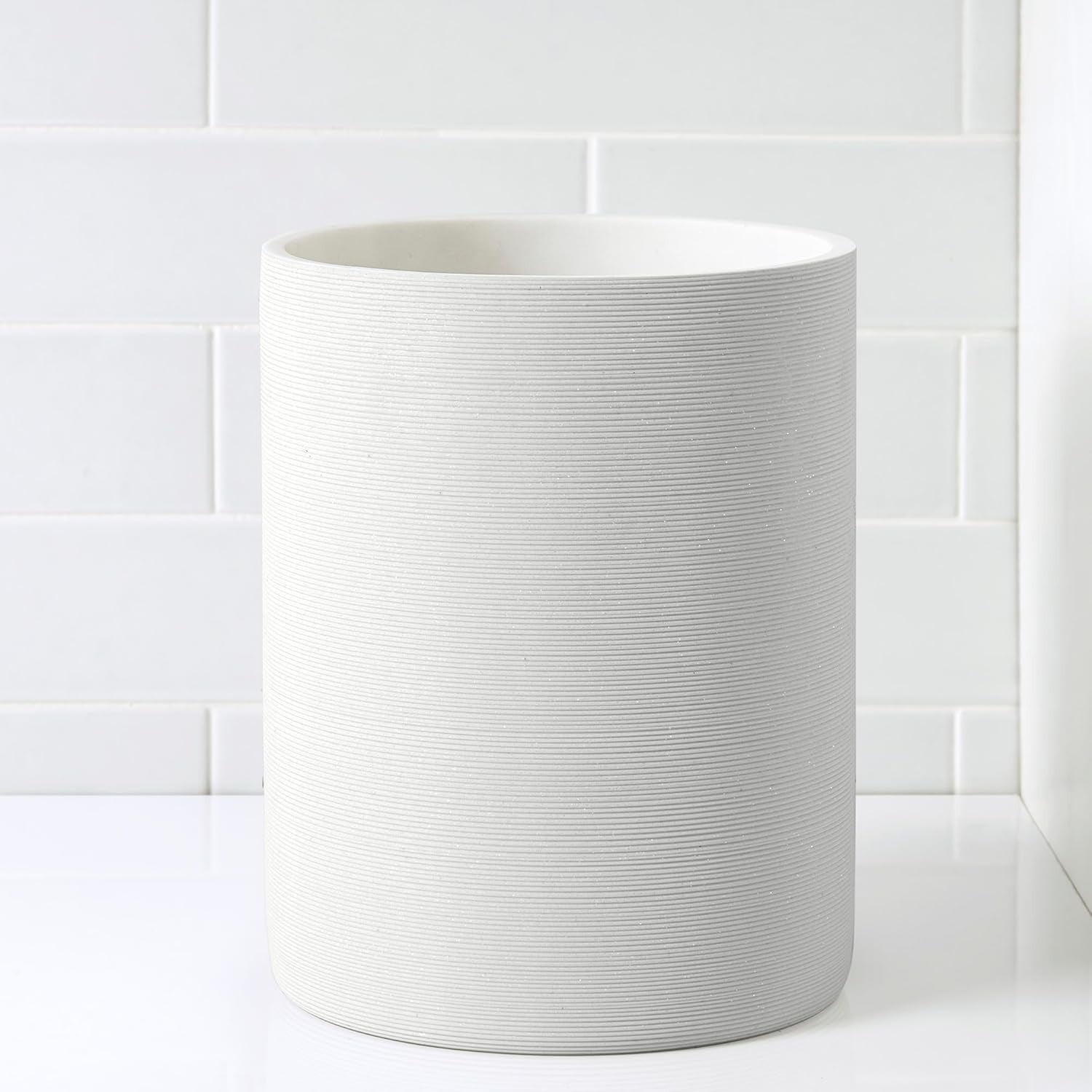 White Ribbed Resin Wastebasket with Flecked Detailing