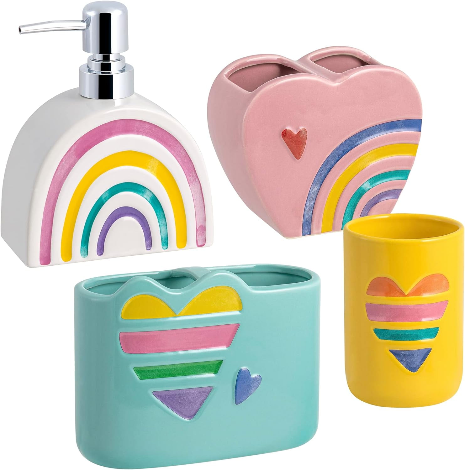 Rainbow Hearts Multicolored Ceramic 4-Piece Bathroom Accessory Set