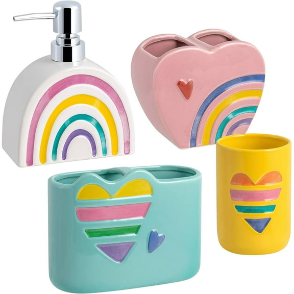 Allure Home Creation Rainbow Hearts 4-Piece Ceramic Bathoom Accessory Set