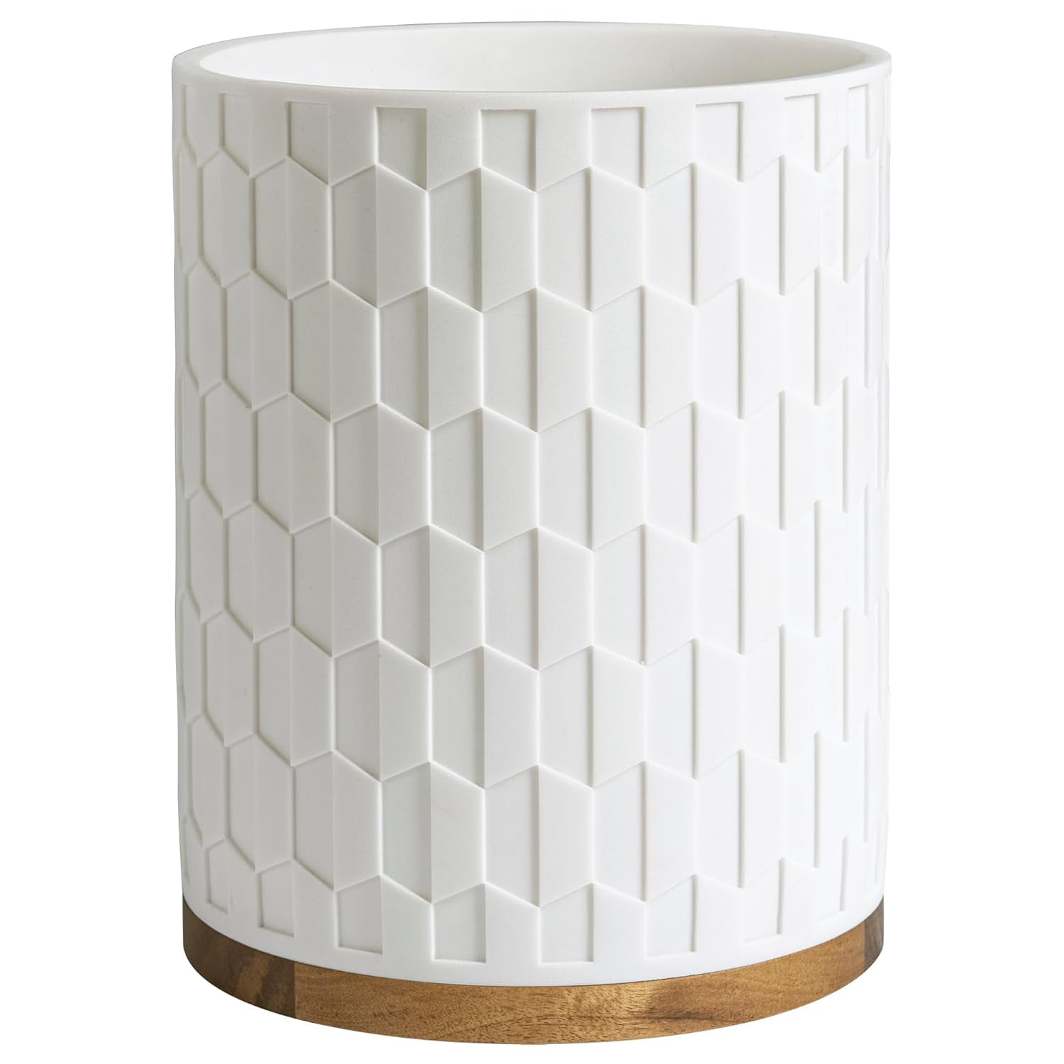 White Geometric Resin Wastebasket with Wood Base