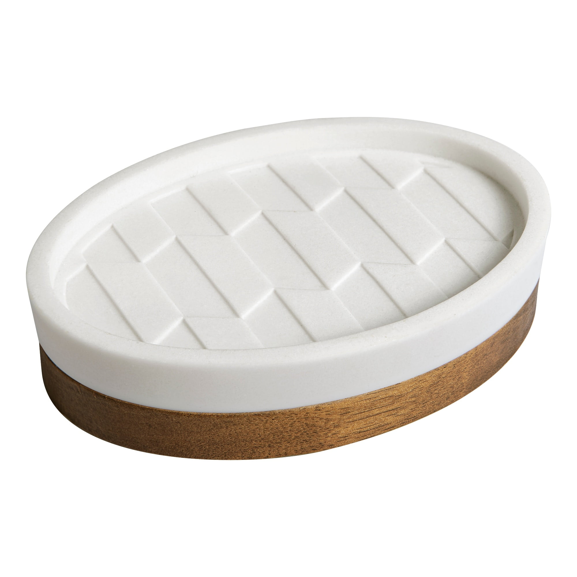 White and Wood Oval Geometric Soap Dish