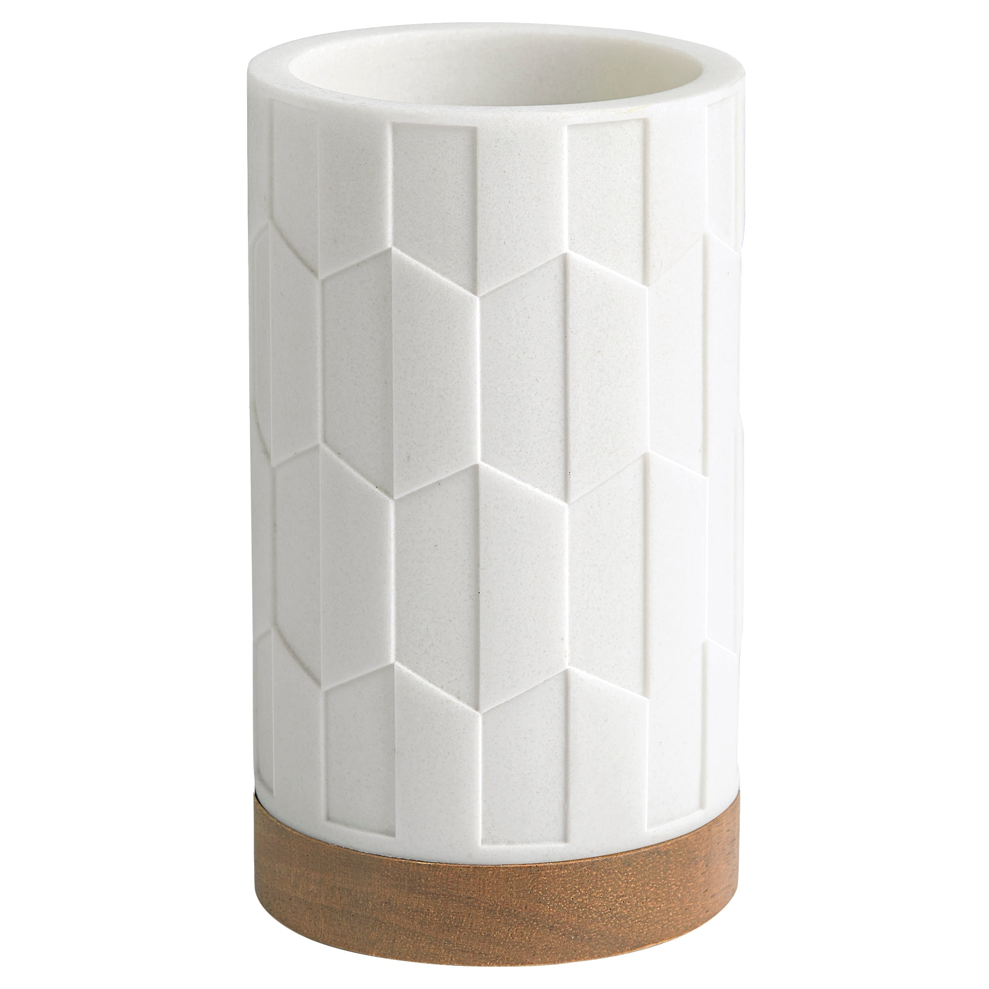 White Resin and Wood Geometric Embossed Bathroom Tumbler