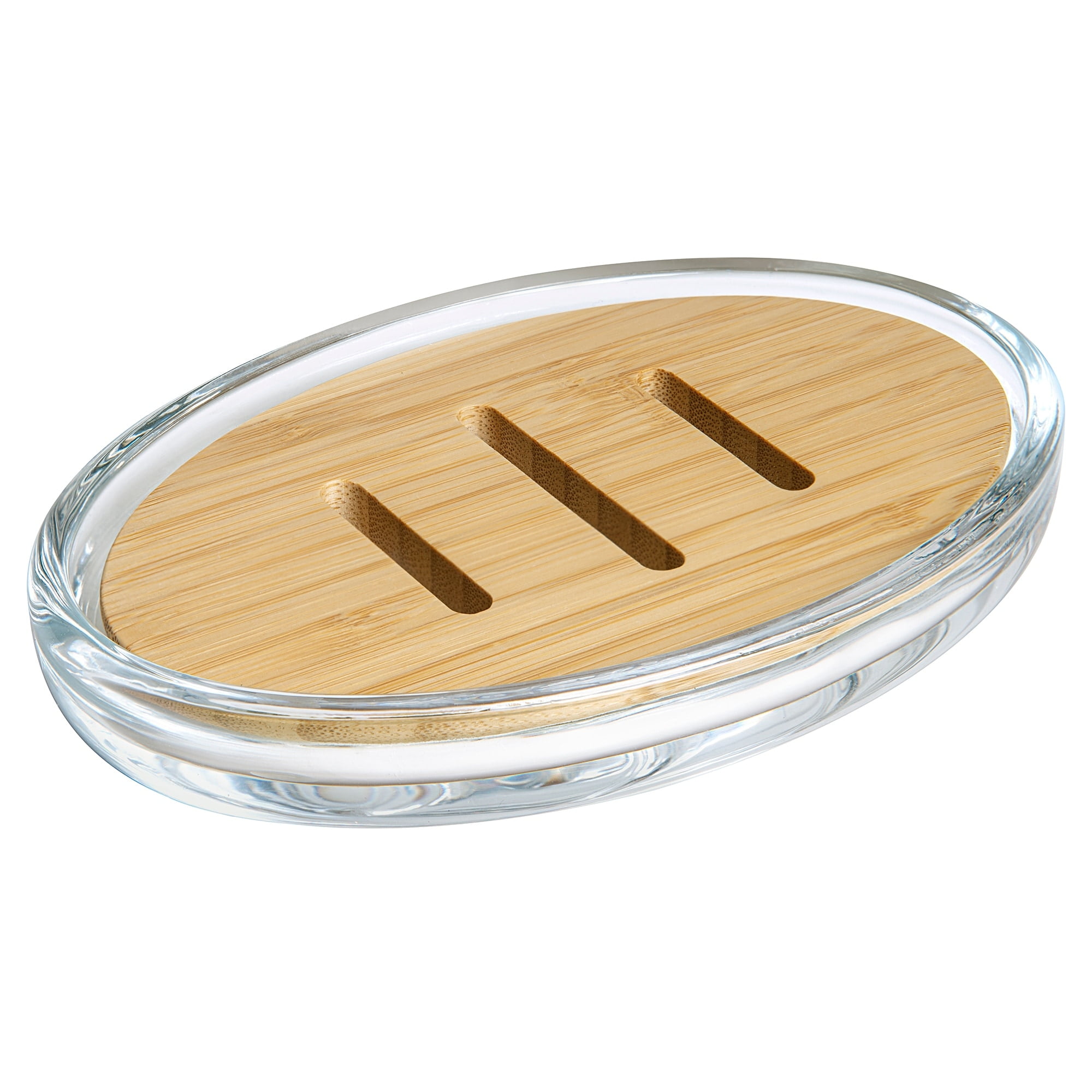 Clear Glass Soap Dish with Bamboo Insert