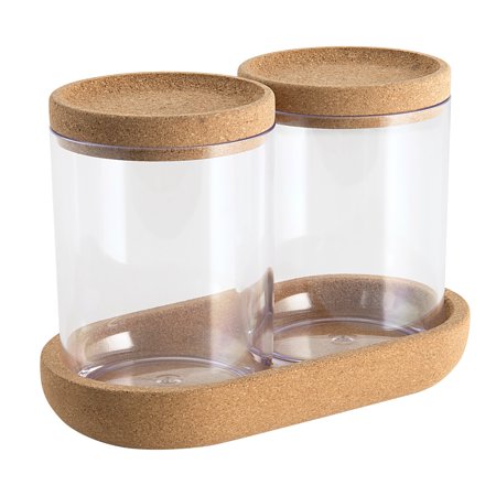 Allure Home Creation Two Clear Round Plastic Canisters With Cork Lids and One Cork Oval Tray Set.