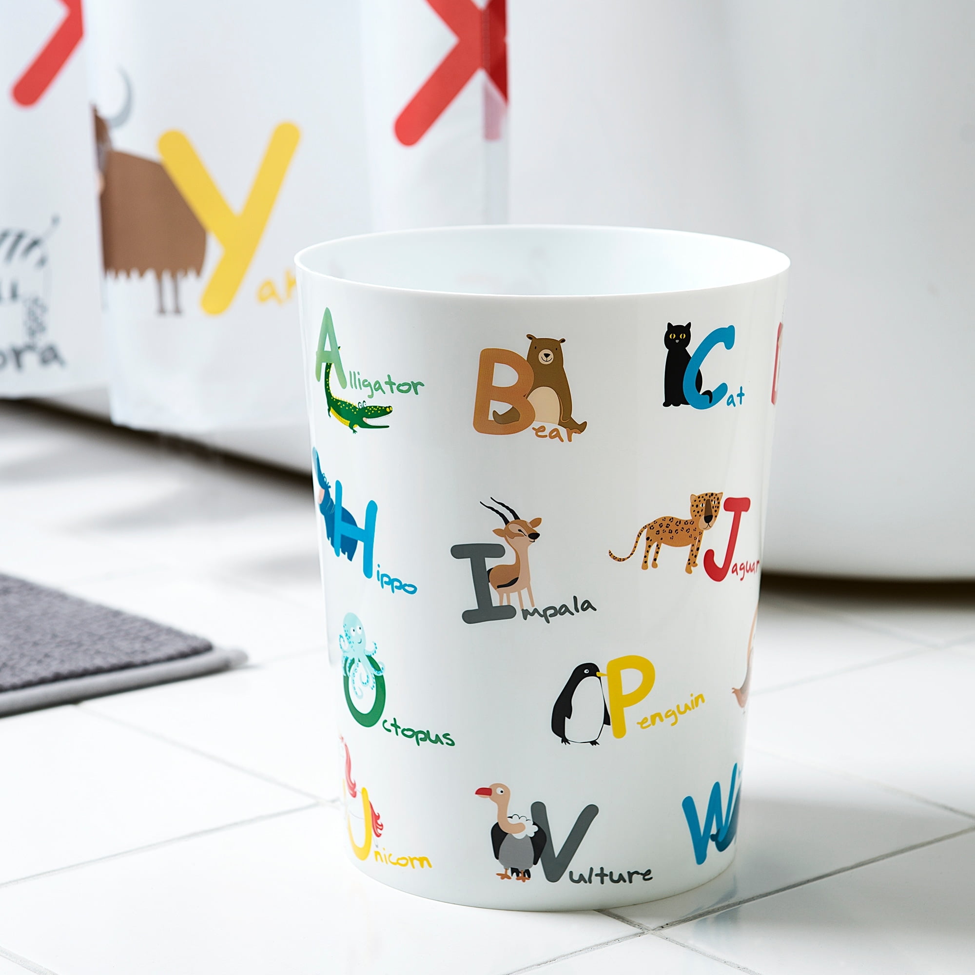 White Plastic Animal Alphabet Kids' Wastebasket