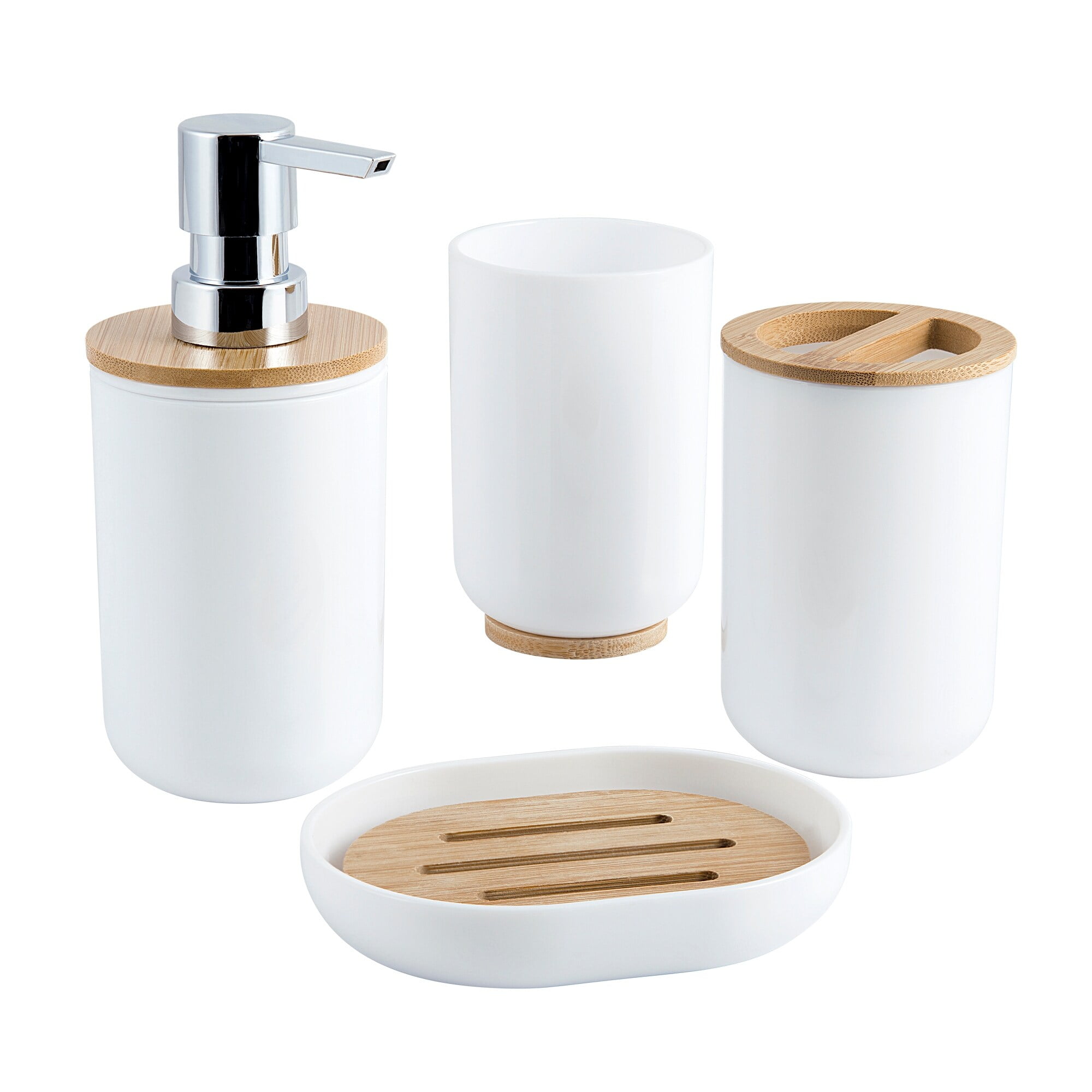 White and Natural Bamboo 4-Piece Bathroom Accessory Set