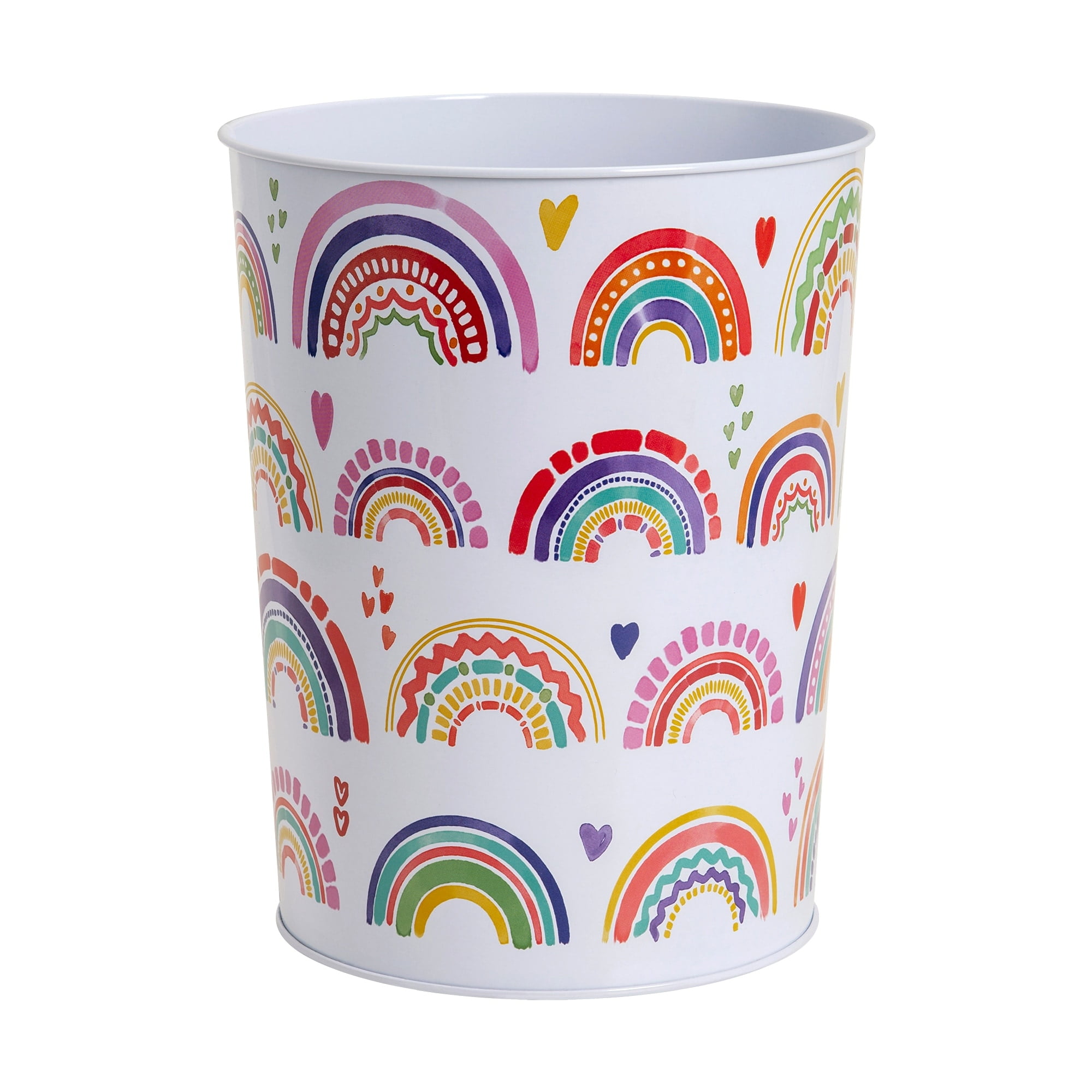 White Metal Rainbow Hearts Kids Wastebasket