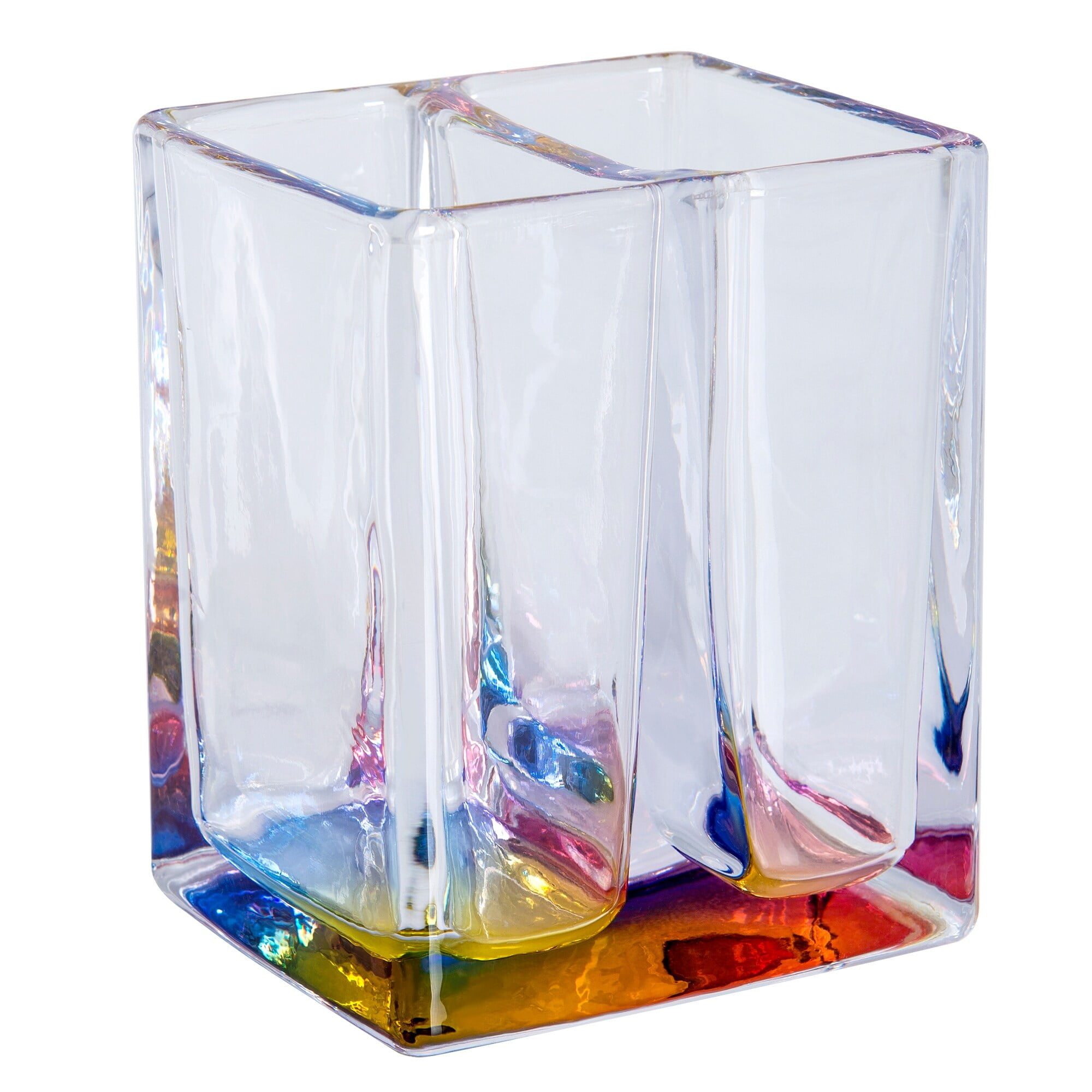 Iridescent Clear Glass Toothbrush Holder with Hand-Painted Base