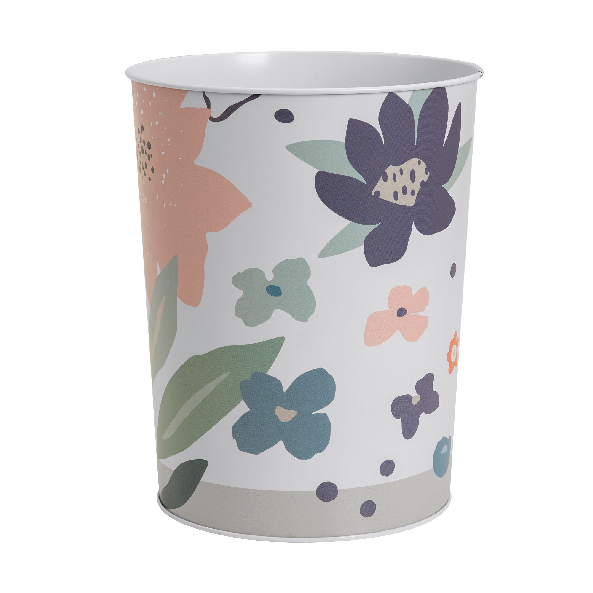 White Floral Metal Wastebasket for Kids' Bathroom
