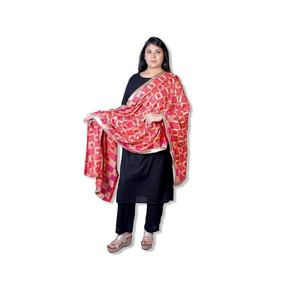 Designer Phulkari embroidered dupatta in red and pink color combination for women