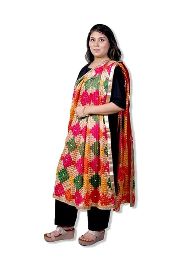 multicolor Phulkari embroidered dupatta diamond design for women