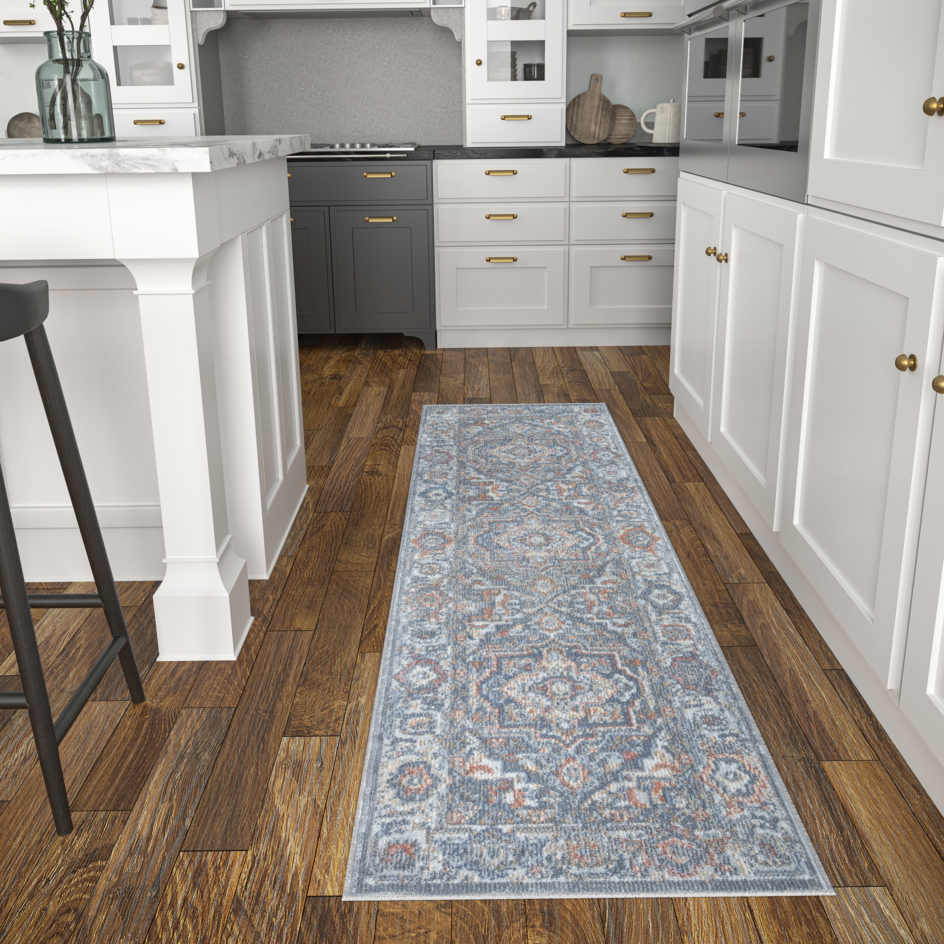 Allure Traditional 2' x 7' Charcoal and Navy Polypropylene Indoor Area Rug