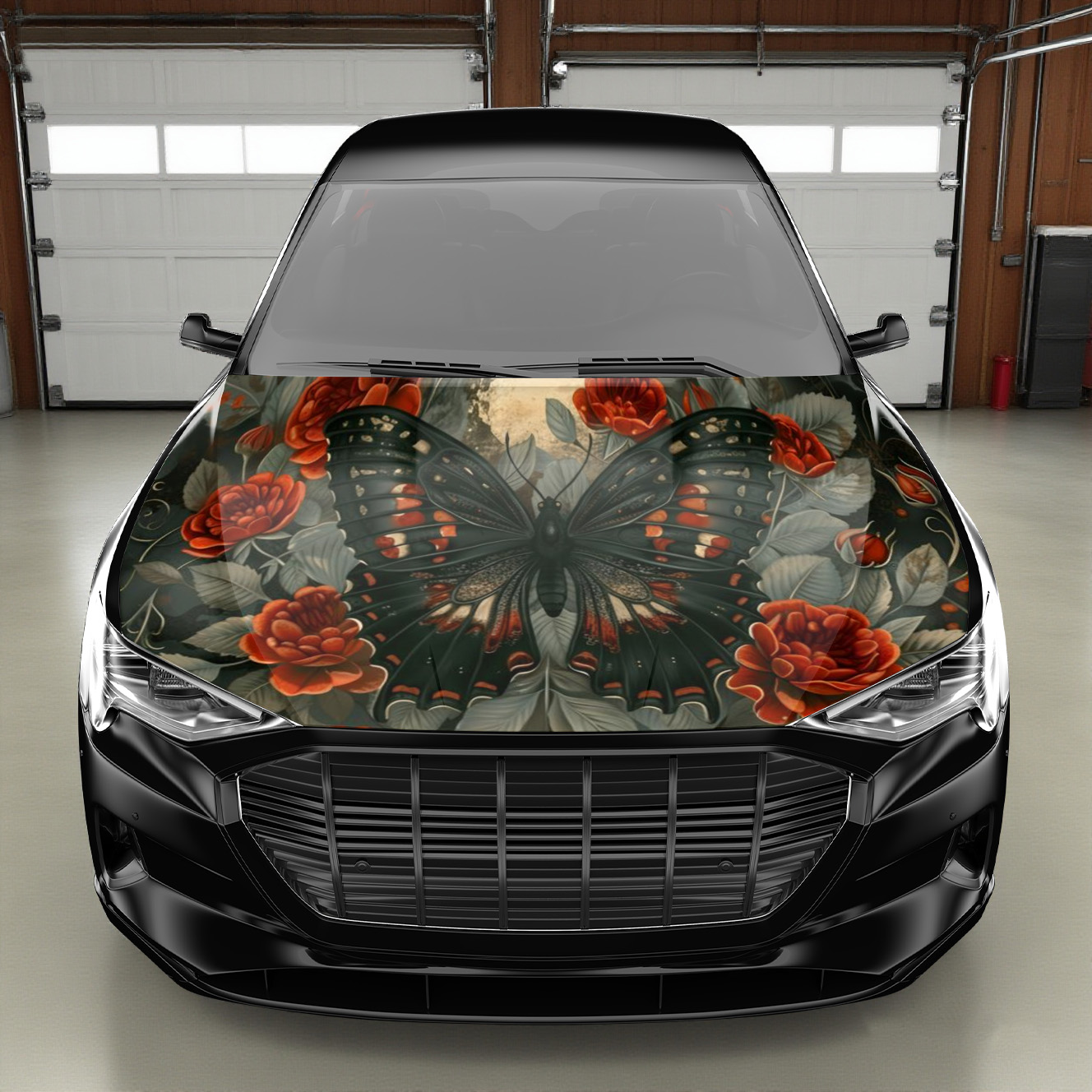 Alluring Butterfly Dancing Among Roses Vinyl Wrap, PVC Waterproof Hood Vinyl Wraps Sticker, Self-Adhesive Scratch- Stickers for Engine Cover, Decal for Trucks& Cars Gift, Decal Stickers, Accessories