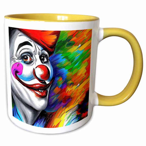 3drose, Alluring Clown with Red Nose, in Red Hat. Vibrant Colors Background, 11oz Two-tone Yellow Mug