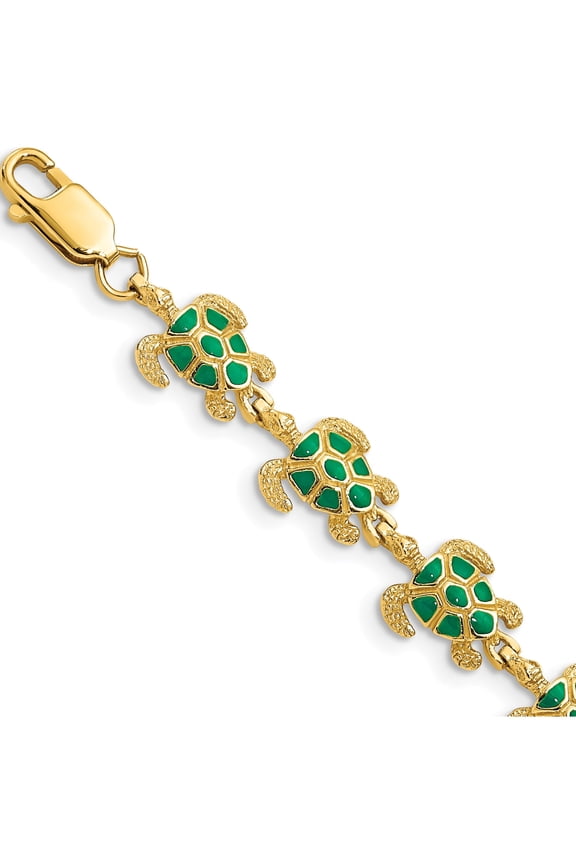 14K Yellow Gold with Green Enamel Sea Turtle 7 inch Bracelet