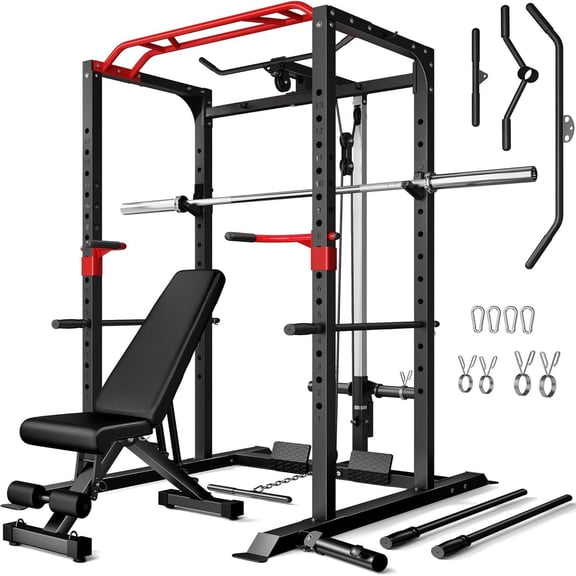 Allviate Home Gym Squat Rack,2000lbs Power Rack with LAT Pulldown,Power Cage with Adjustable Pulley System for Full Body Workout with Weight Bench and Barbell