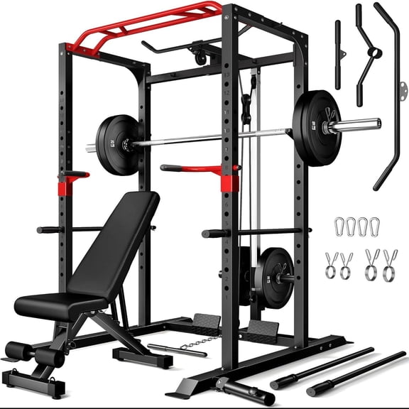 Allviate Home Gym Squat Rack,2000lbs Power Rack with LAT Pulldown,Power Cage with Adjustable Pulley System for Full Body Workout with Weight Bench and Barbell