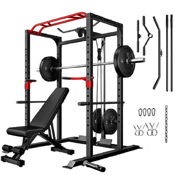 Allviate Home Gym Squat Rack,2000lbs Power Rack with LAT Pulldown,Power Cage with Adjustable Pulley System for Full Body Workout with Weight Bench and Barbell