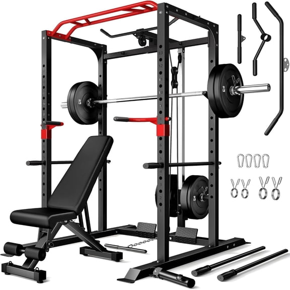 Allviate Home Gym Squat Rack,2000lbs Power Rack with LAT Pulldown,Power Cage with Adjustable Pulley System for Full Body Workout with Weight Bench and Barbell