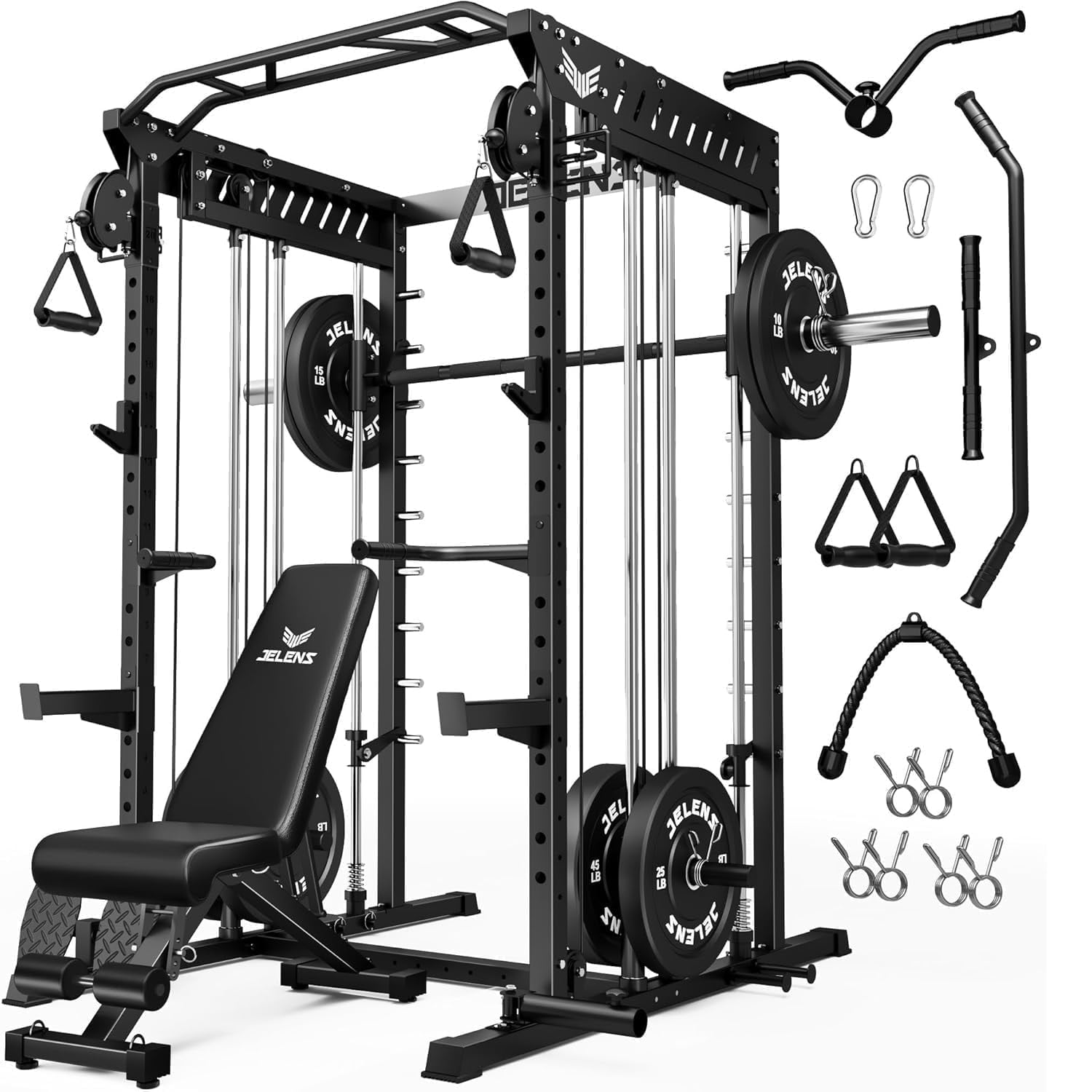 Forgemus Smith Machine, Multi-Function Power Cage with Dual Pulley Cable Crossover System, 2000LBS All-in-One Squat Rack with Smith Bar and Attachments, Workout Machine for Home Gym