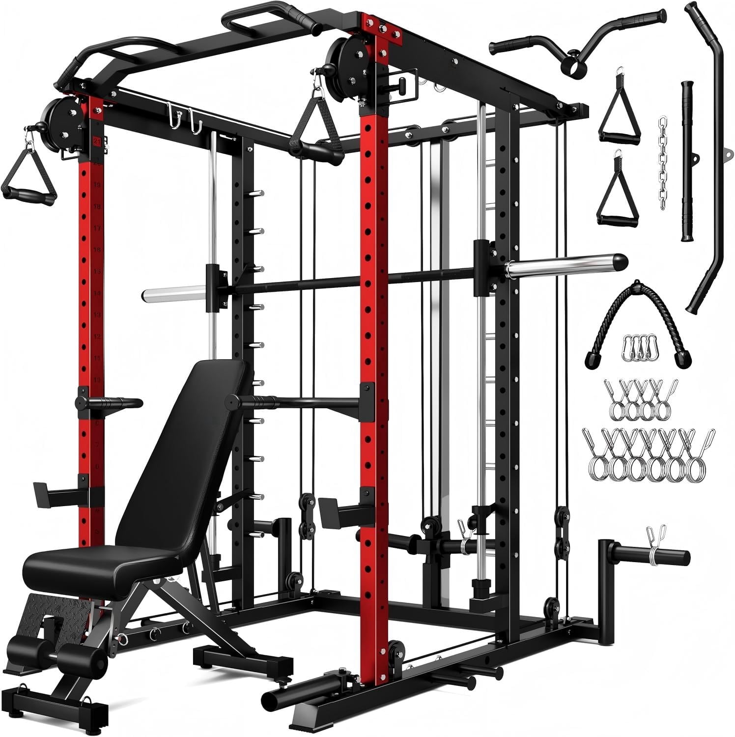 Allviate Smith Machine Power Cage, 2000LBS Capacity All-in-One Squat Rack with Cable Crossover System, Multi-Function Strength Training Equipment for Home Gym