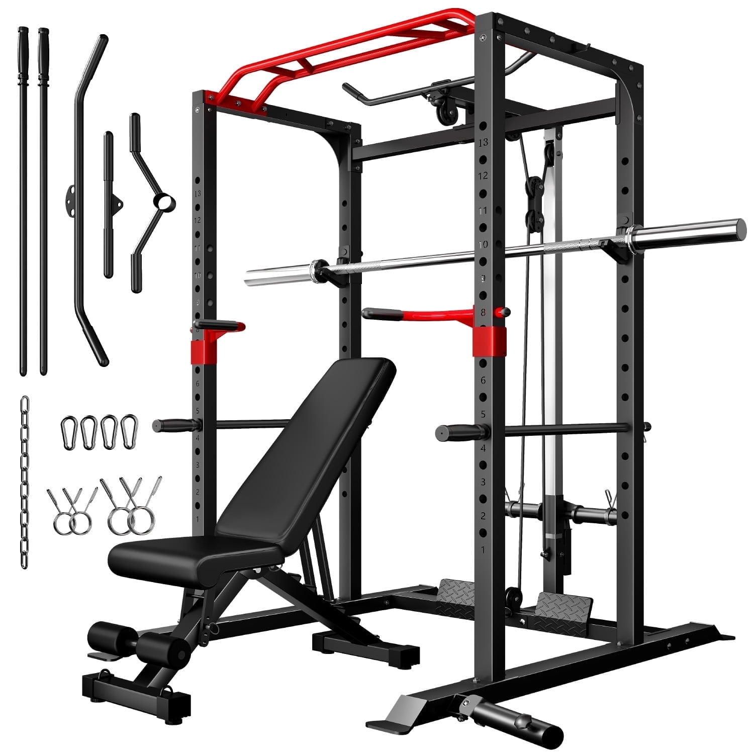 Forgemus Squat Rack for Home Gym,2000lbs Power Rack Squat Machine with LAT Pulldown and More Training Attachments,Weight Rack with Adjustable Pulley System for Full Body Workout,Black