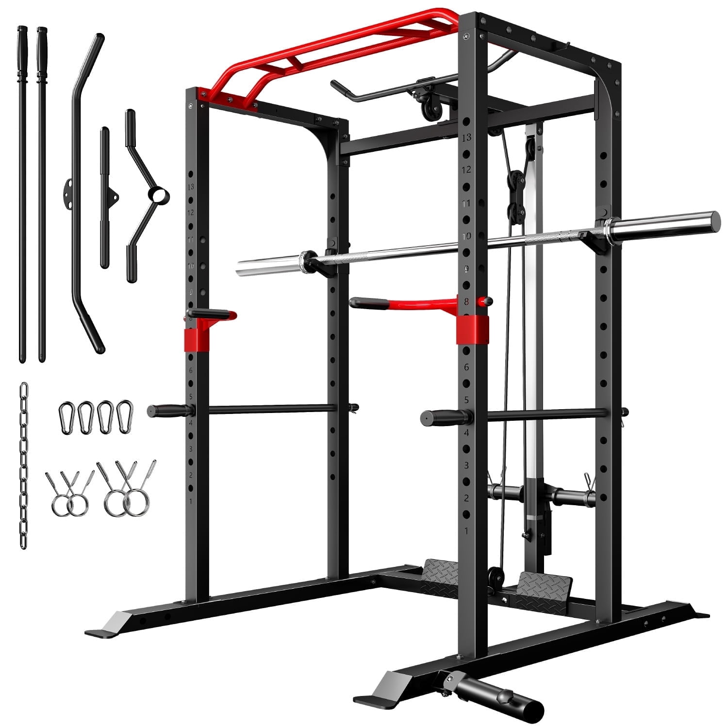Forgemus Squat Rack for Home Gym,2000lbs Power Rack Squat Machine with LAT Pulldown and More Training Attachments,Weight Rack with Adjustable Pulley System for Full Body Workout,Black