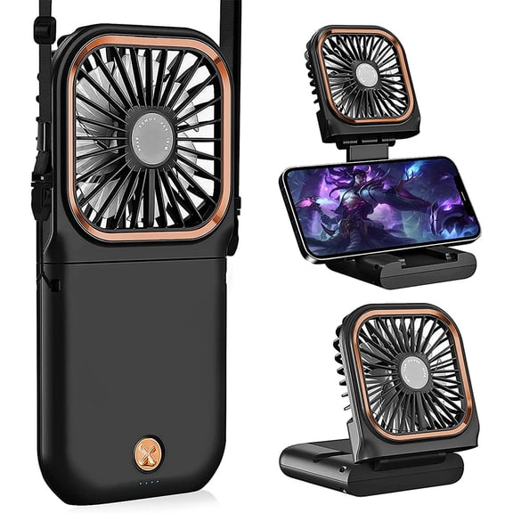 Allxin Portable Handheld Personal Necklace Fan Foldable Mini Quiet USB Rechargeable Fan With Mobile phone bracket function, 3000mAh Power Bank Hands Free Necklace Fans