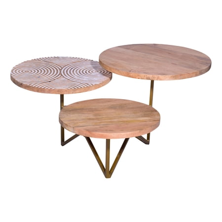 Ally 33 Inch Modern Round Coffee Table, 3 Tier Design, Washed and Carved, Natural Mango Wood, Gold Frame