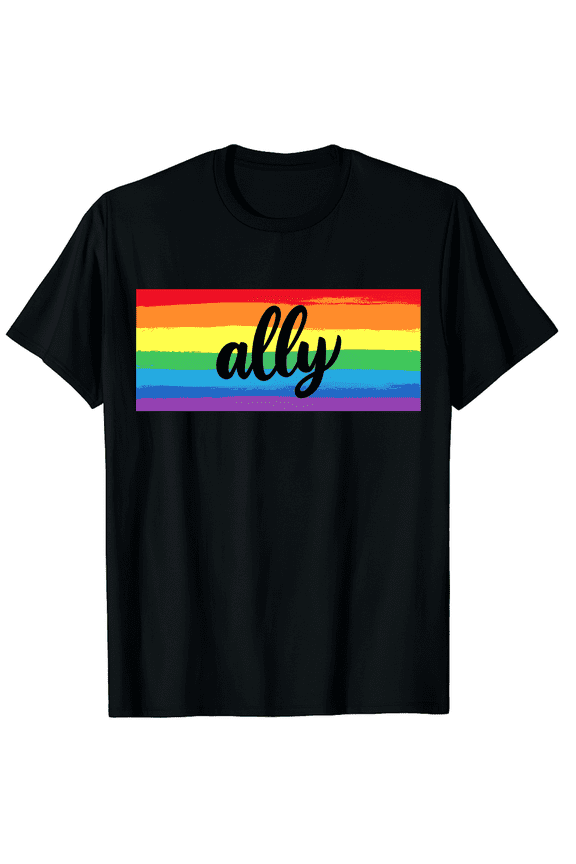Ally Script Text Rainbow Flag Background Pride LGBTQ Unisex T-Shirt