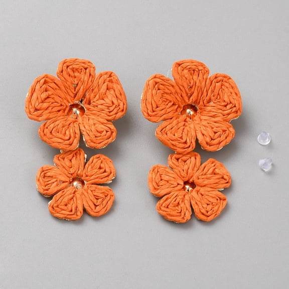 Ally with Raffia Grass Studs Earrings Jewely for Women Flower Golden Orange 65x38mm