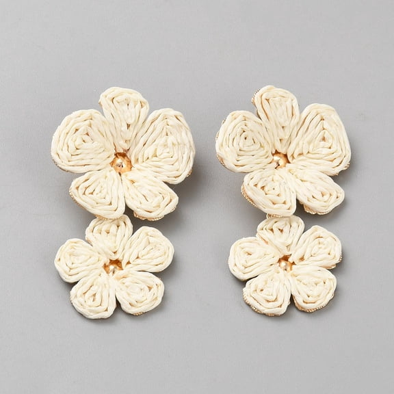 Ally with Raffia Grass Studs Earrings Jewely for Women Flower Golden White 65x38mm