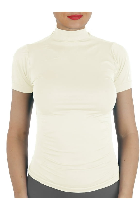 Women Short Sleeves Mock Neck Turtleneck Top Stretchy Side Ribbed Slim Fit Tight Shirts