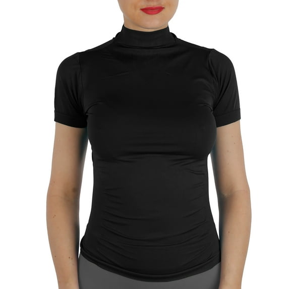 AllyCat Women Short Sleeves Mock Neck Turtleneck Top Stretchy Side Ribbed Slim Fit Tight Shirts