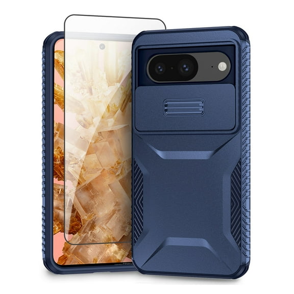 Allyechgroup Google Pixel 8 Case with Screen Protector, Sliding Camera Lens Protective Heavy Duty Shockproof Anti-Scratch Bumper Protective Phone Case for Google Pixel 8, Blue