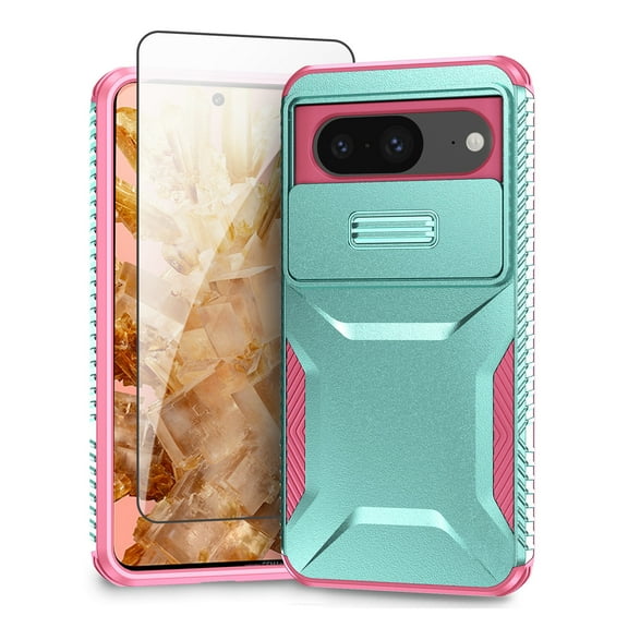 Allyechgroup Google Pixel 8 Case with Screen Protector, Sliding Camera Lens Protective Heavy Duty Shockproof Anti-Scratch Bumper Protective Phone Case for Google Pixel 8, Green