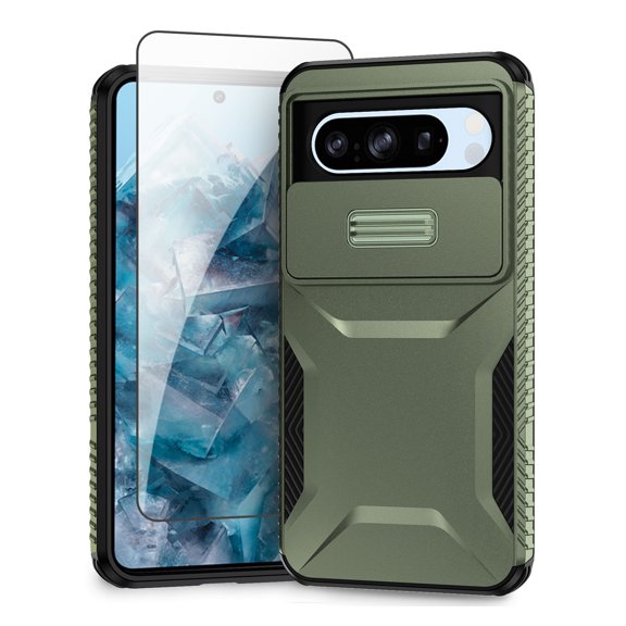 Allyechgroup Google Pixel 8 Pro Case with Screen Protector, Sliding Camera Lens Protective Heavy Duty Shockproof Anti-Scratch Bumper Protective Phone Case for Google Pixel 8 Pro, Darkgreen