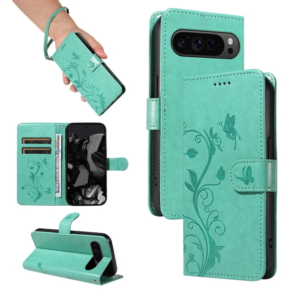 Allyechgroup Wallet Case for Apple Google Pixel 6a, Butterfly Floral Embossed Premium PU Leather Shockproof Flip Stand Cards Slots Hand Wrist Phone Case for Apple Google Pixel 6a, Green