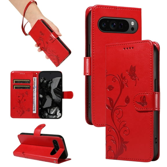 Allyechgroup Wallet Case for Apple Google Pixel 6a, Butterfly Floral Embossed Premium PU Leather Shockproof Flip Stand Cards Slots Hand Wrist Phone Case for Apple Google Pixel 6a, Red