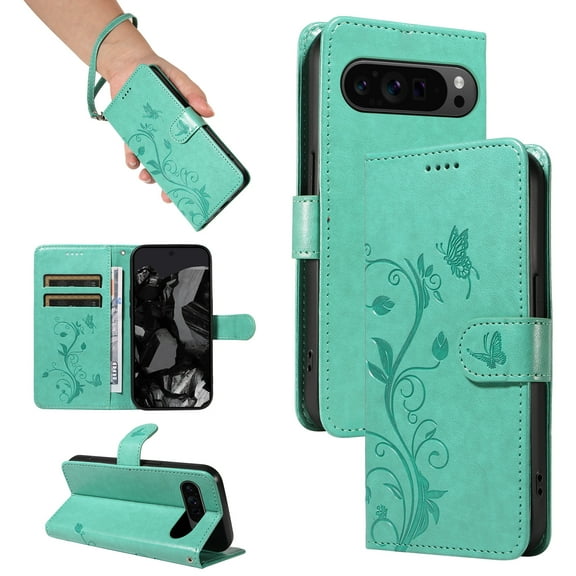 Allyechgroup Wallet Case for Apple Google Pixel 9 / 9 Pro, Butterfly Floral Embossed Premium PU Leather Shockproof Flip Stand Cards Slots Hand Wrist Phone Case for Apple Google Pixel 9 / 9 Pro, Green