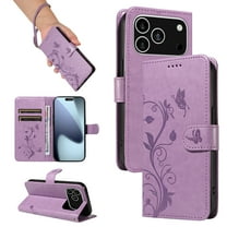 Allyechgroup Wallet Case for Apple iPhone 17 Pro Max, Butterfly Floral Embossed Premium PU Leather Shockproof Flip Stand Cards Slots Hand Wrist Phone Case for Apple iPhone 17 Pro Max, Purple