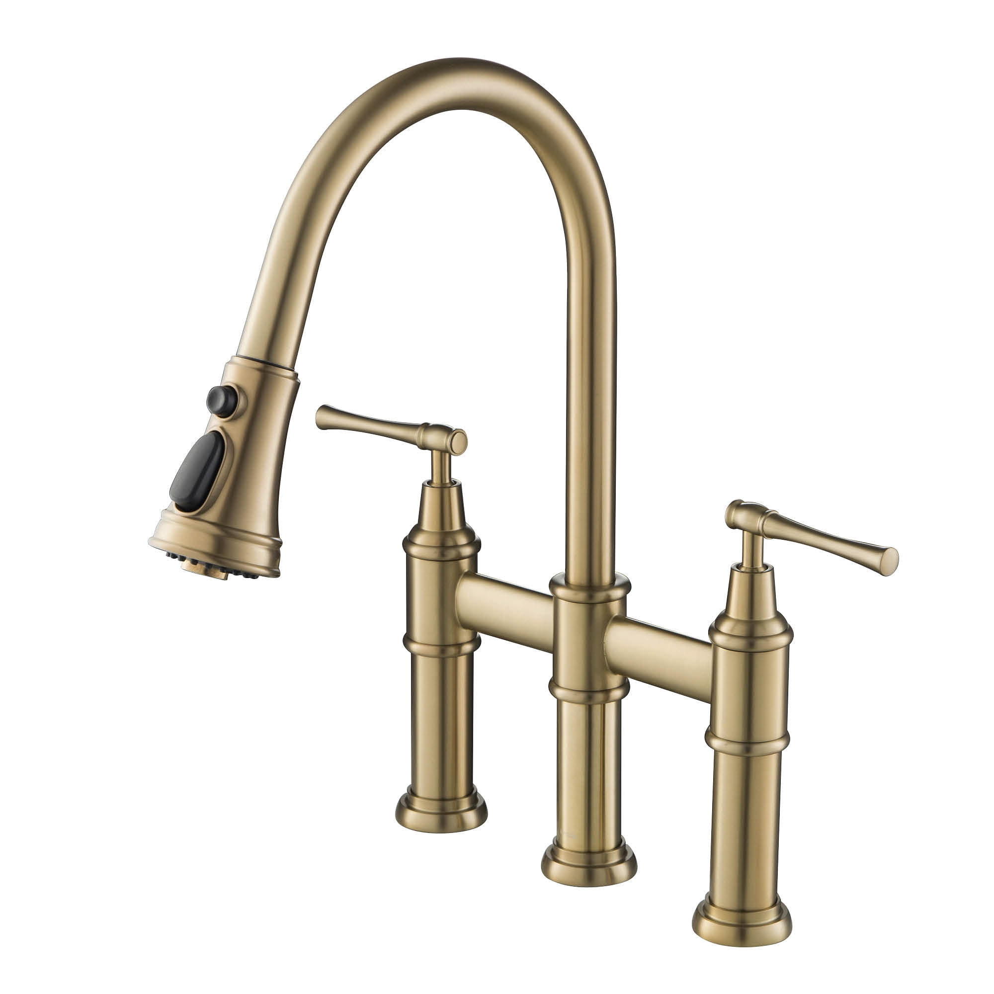 Brushed Gold Stainless Steel Bridge Kitchen Faucet with Pull-Down Sprayhead