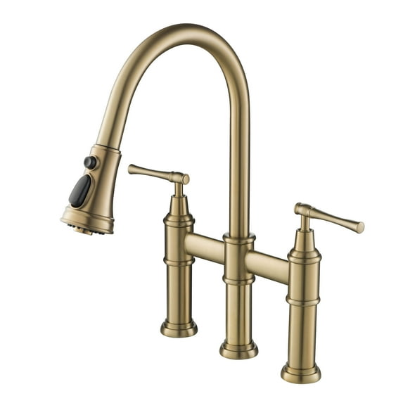 Allyn Transitional Bridge Kitchen Faucet with Pull-Down Sprayhead in Brushed Gold