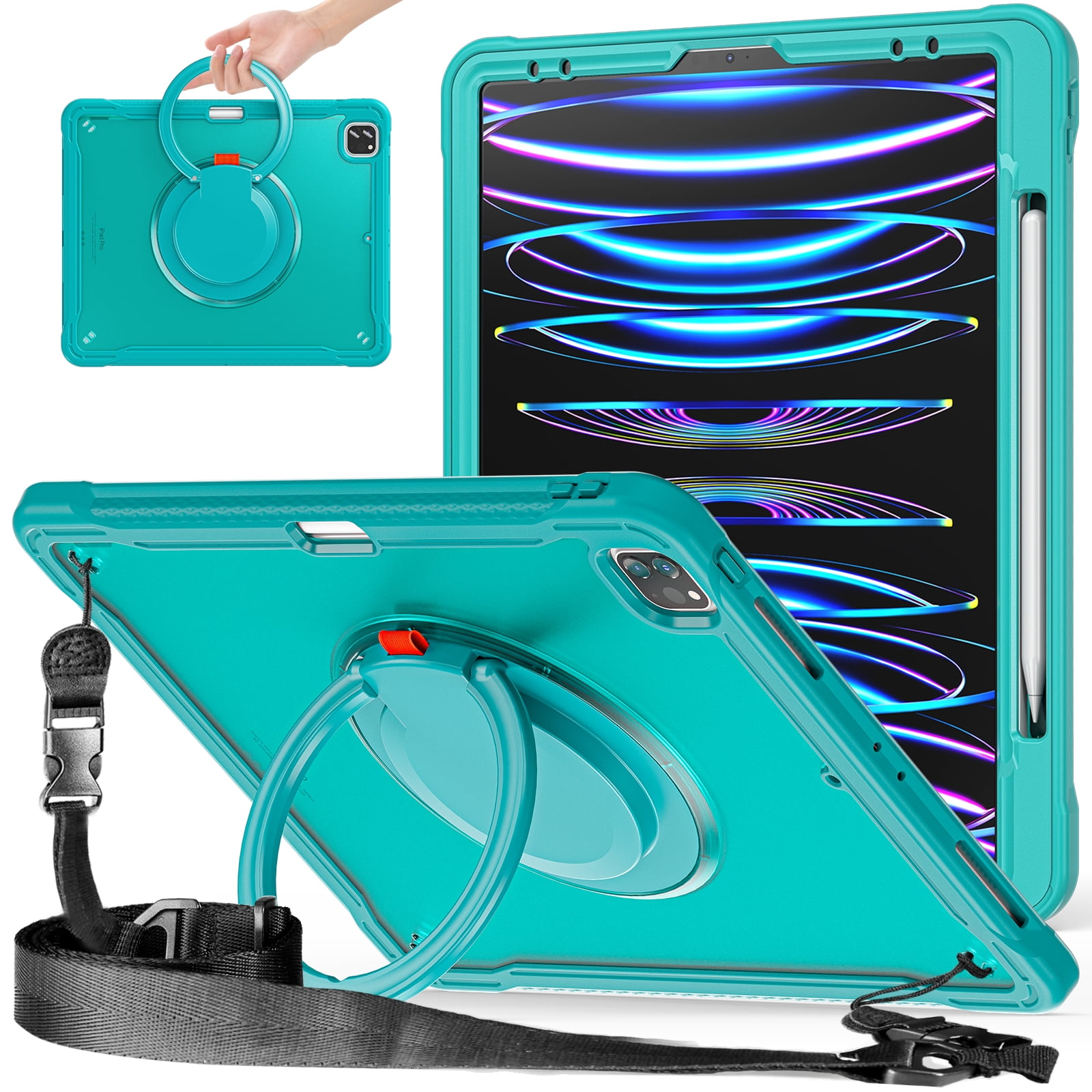 Allytecgroup Rugged Case for Apple iPad Air 13" M3 M2 2025 2024, with Pencil Holder Shoulder Strap Heavy Duty Shockproof Lightweight Rotating Multi Angle Kickstand Case Cover for iPad Air 13,Blue