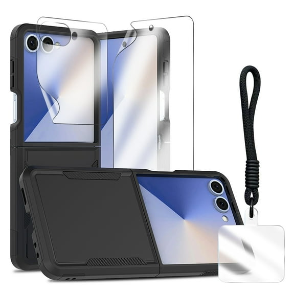 Allytecgroup Rugged Samsung Galaxy Z Flip 7 Case with Screen Protector, Full Body Protective Anti-Scratch Phone Case for Samsung Galaxy Z Flip 7 Cover with Detachable Hand Strap, Black