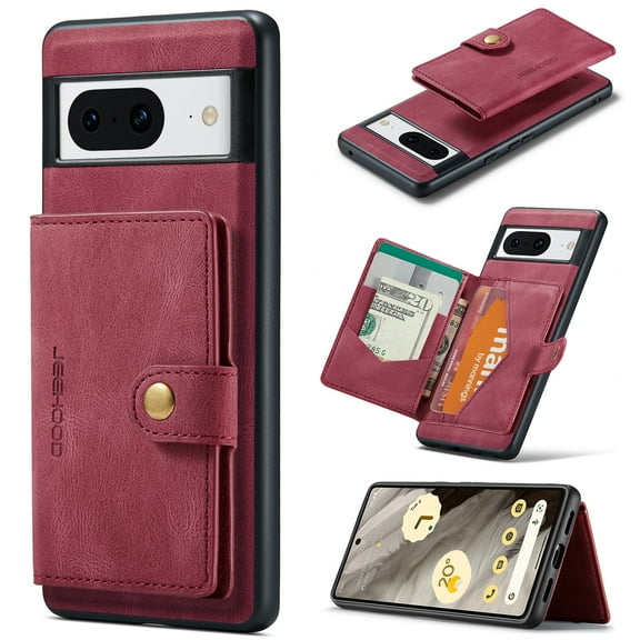 Allytech 2 in 1 Detachable Wallet Case for Google Pixel 9 Pro XL, [Support Wireless Charging] [4 Card Slots & 2 Cash Pocket], Retro PU Leather Magnetic Closure Shockproof Anti-Drop Slim Case, Red