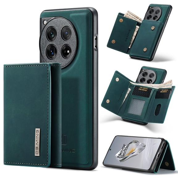 Allytech 2 in 1 Detachable Wallet Case for OnePlus 12 with Cash Pocket & Cash Slots, [Full Body Protection] [Magnetic Clasp] Luxury PU Leather Shockproof Slim Kickstand Case - Green